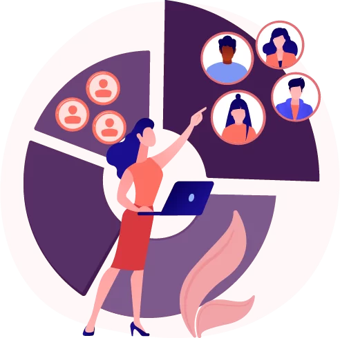 Illustration of a woman holding a laptop pointing at a pie chart with people icons around it, representing management and leadership skills