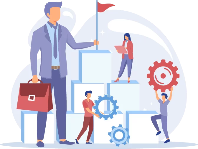 Illustration of a woman holding a laptop pointing at a pie chart with people icons around it, representing management and leadership skills