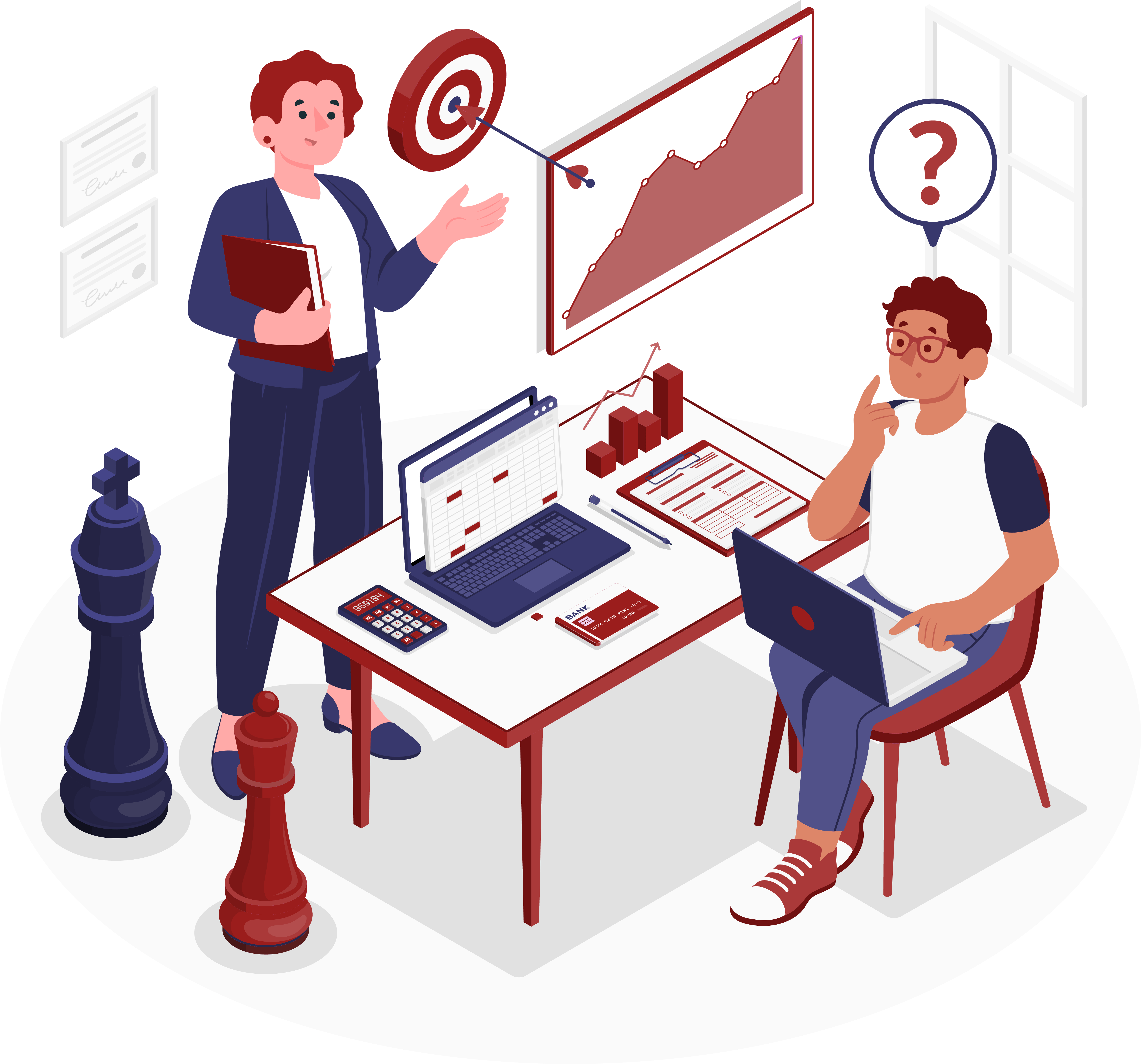 Illustration of a woman holding a laptop pointing at a pie chart with people icons around it, representing management and leadership skills