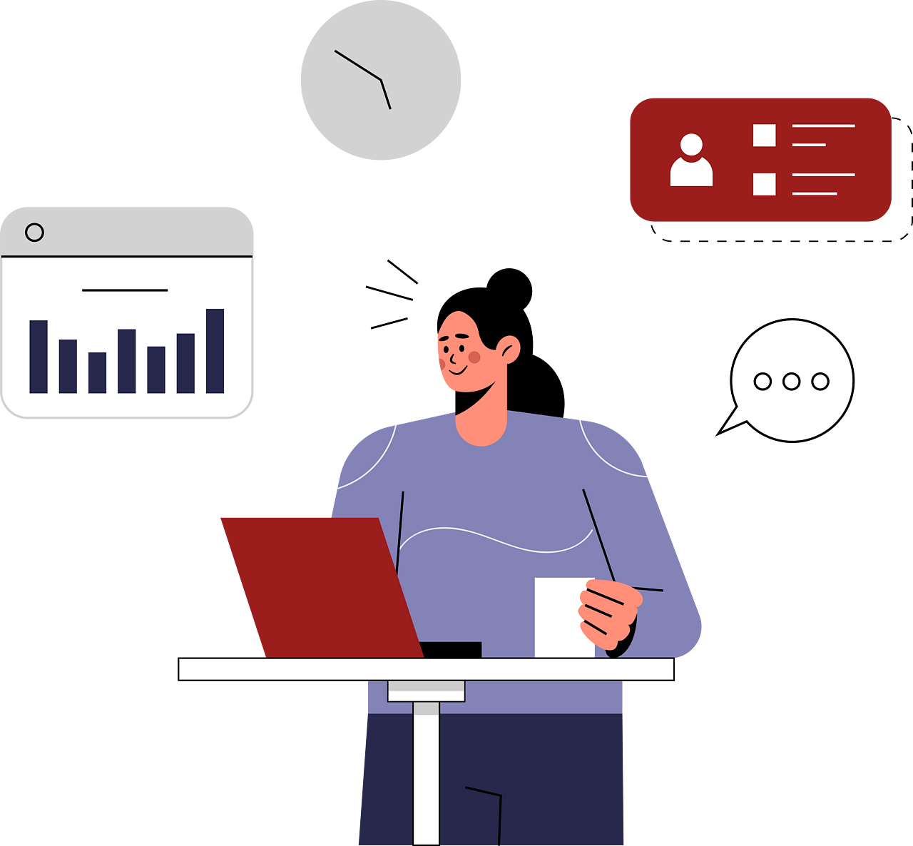 Illustration of a woman holding a laptop pointing at a pie chart with people icons around it, representing management and leadership skills