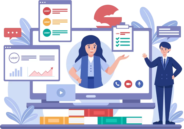 Illustration of a man in red shirt standing behind a pie chart with small human icons on it, symbolizing management and leadership