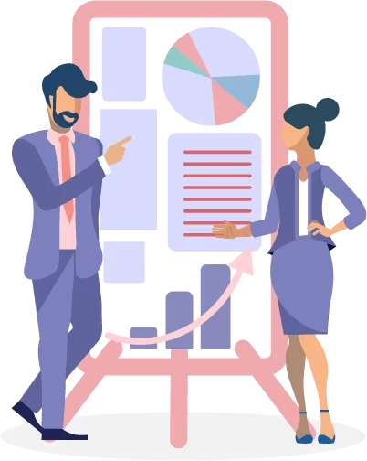 Illustration of a woman holding a laptop pointing at a pie chart with people icons around it, representing management and leadership skills