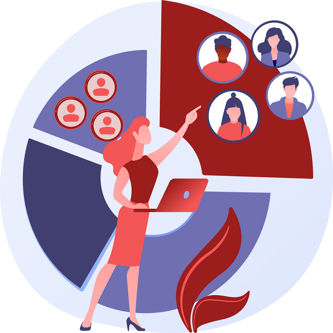Illustration of a woman holding a laptop pointing at a pie chart with people icons around it, representing management and leadership skills