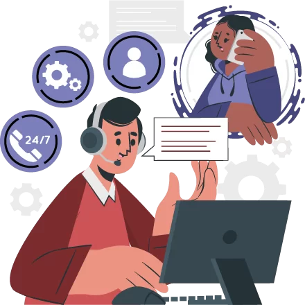 Illustration of a man in red shirt standing behind a pie chart with small human icons on it, symbolizing management and leadership