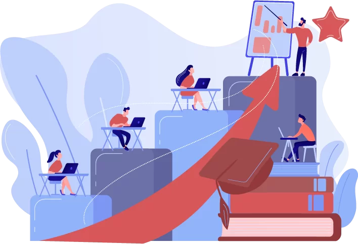 Illustration of a man in red shirt standing behind a pie chart with small human icons on it, symbolizing management and leadership