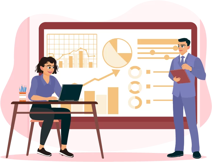 Illustration of a man in red shirt standing behind a pie chart with small human icons on it, symbolizing management and leadership
