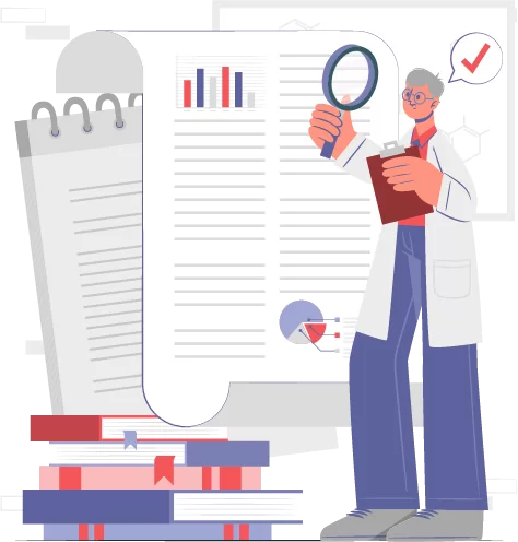 Illustration of a man in red shirt standing behind a pie chart with small human icons on it, symbolizing management and leadership