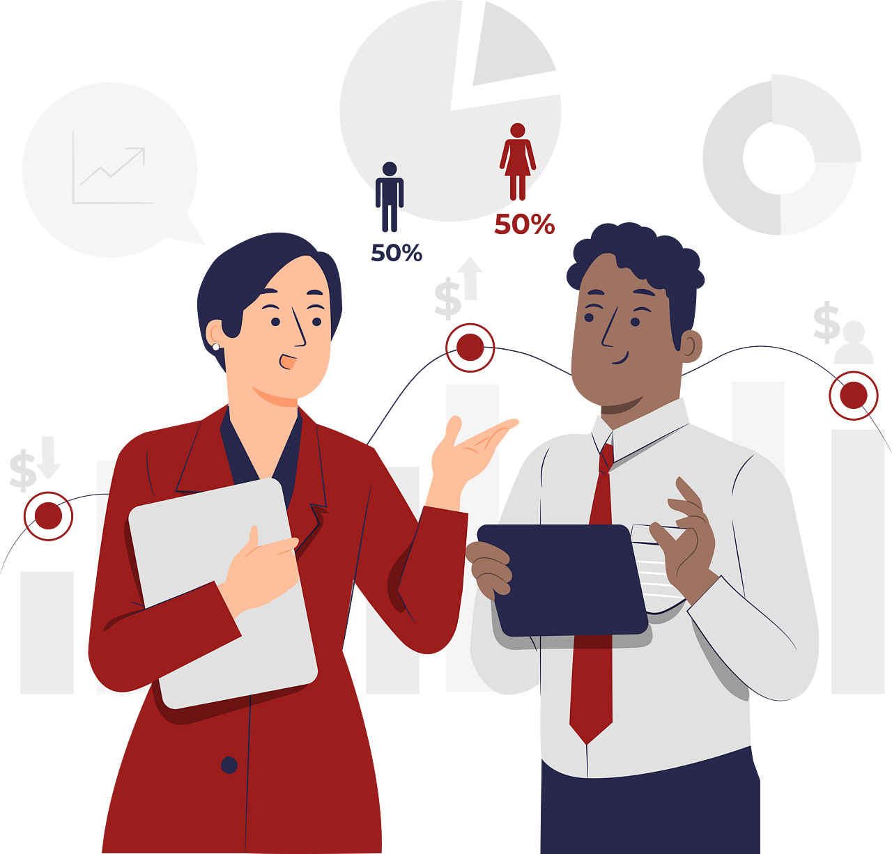 Illustration of a woman holding a laptop pointing at a pie chart with people icons around it, representing management and leadership skills